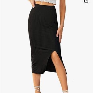 Women's High Waist Stretchy Rib Knit Split Slit Hem Midi Pencil Skirt